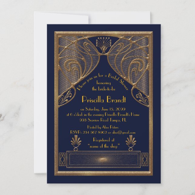 Bridal Shower invitation,great Gatsby, navy Gold Invitation (Front)