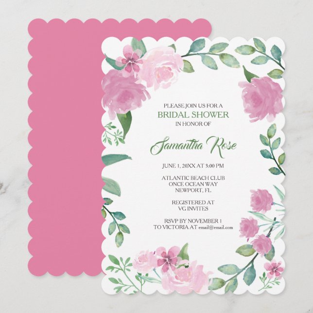 BRIDAL SHOWER INVITATION, Greenery Pink Roses Invitation (Front/Back)