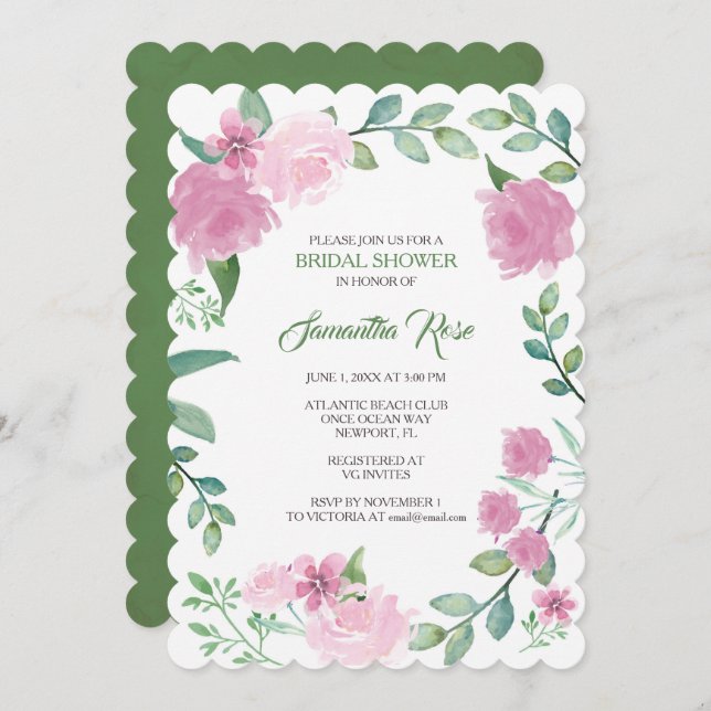 BRIDAL SHOWER INVITATION, Greenery Pink Roses Invitation (Front/Back)
