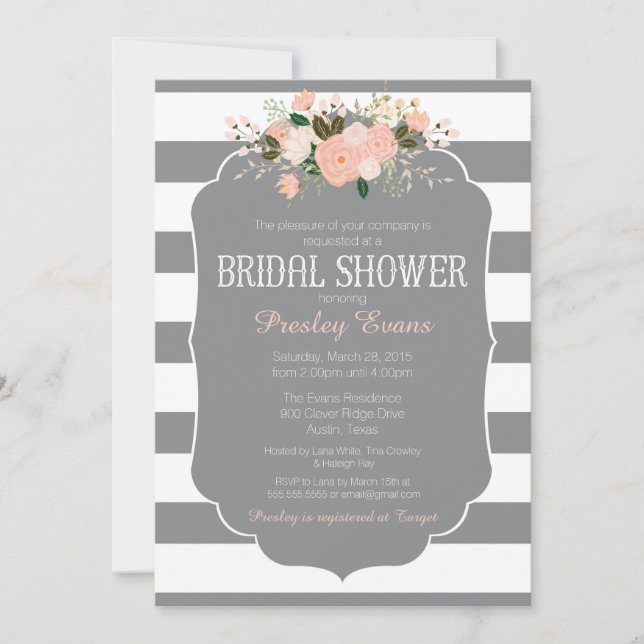 Bridal Shower Invitation, grey stripe peach floral Invitation (Front)