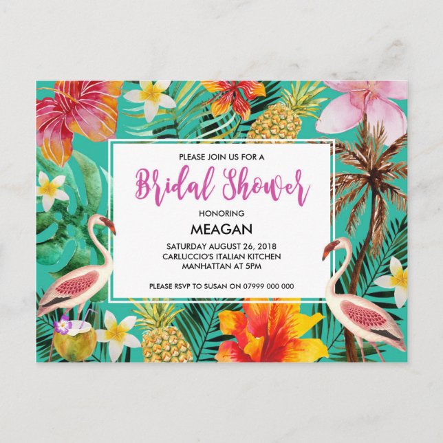 Bridal Shower invitation tropical flamingo Postcard (Front)