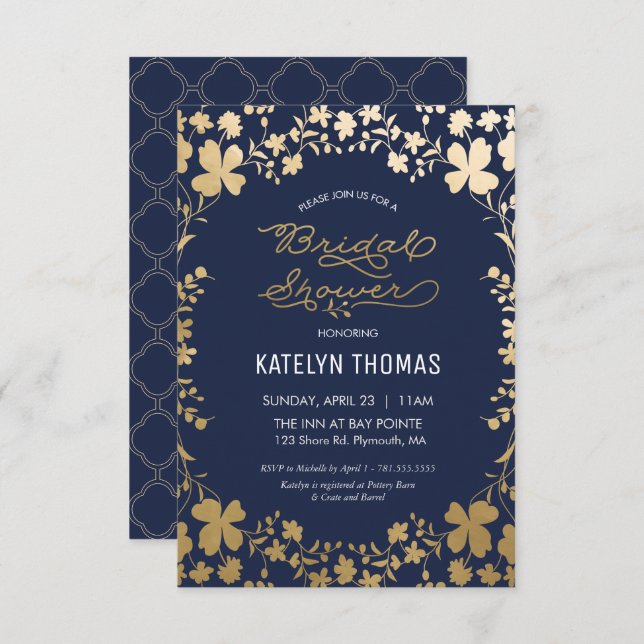 Bridal Shower Invitation, Vintage Navy Gold -small Invitation (Front/Back)