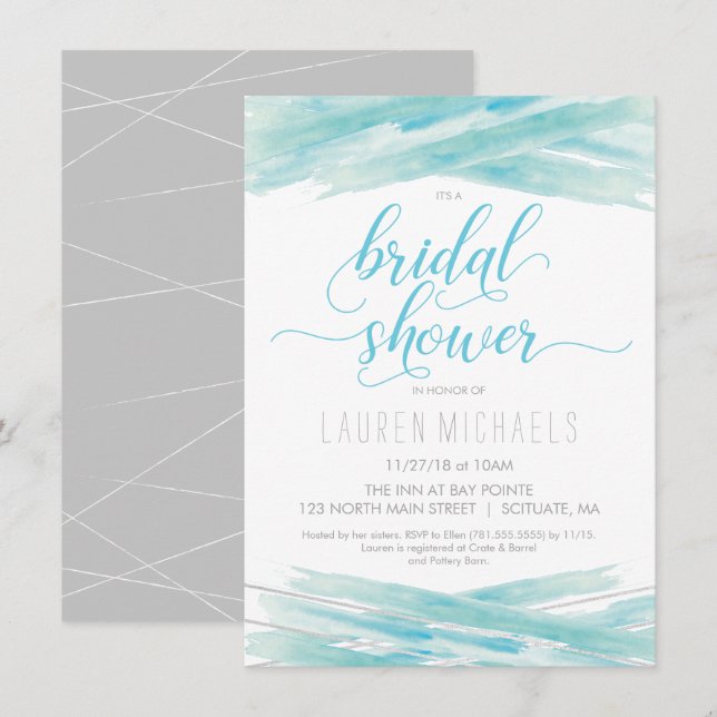 Bridal Shower Invitation - Watercolor, Blue Silver (Front/Back)