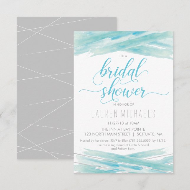 Bridal Shower Invitation - Watercolor, Blue Silver (Front/Back)