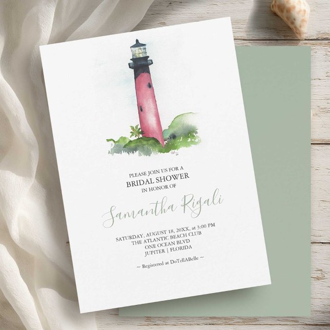 Bridal Shower Invitation Watercolor Lighthouse (coastal bridal shower invitations watercolor Jupiter lighthouse by small business Do Tell A Belle)