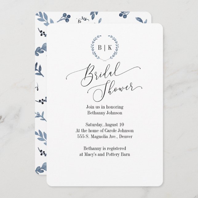 Bridal Shower invitation with blue laurel monogram (Front/Back)