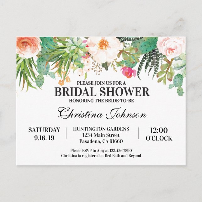 Bridal Shower Invitation with succulents, cactus Postcard (Front)