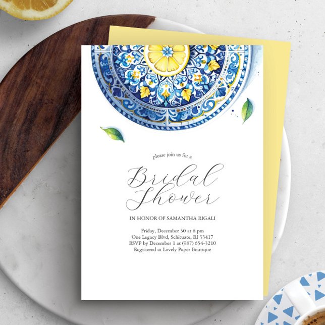 Bridal Shower Invitations Amalfi Coast Theme (Watercolor lemon and blue plate bridal shower invitation design by Victoria Grigaliunas)
