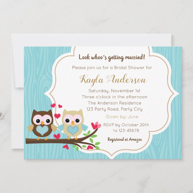 Bridal Shower Invitations (Blue Gold) with Owls (Front)