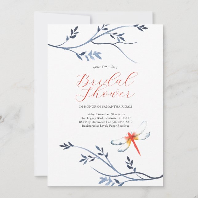 Bridal Shower Invitations Elegant Red Dragonfly (Front)