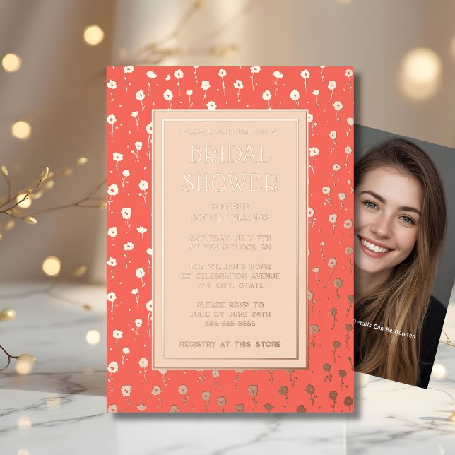 Bridal Shower Invitations Floral Peach Coral Foil (Creator Uploaded)