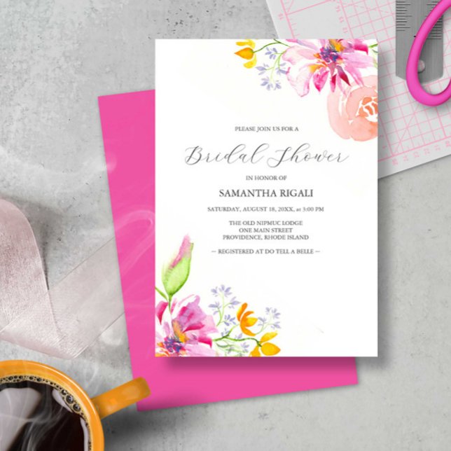 Bridal Shower Invitations Vibrant Pink Floral (Bridal shower invitations feature colorful watercolor flowers by Victoria Grigaliunas)