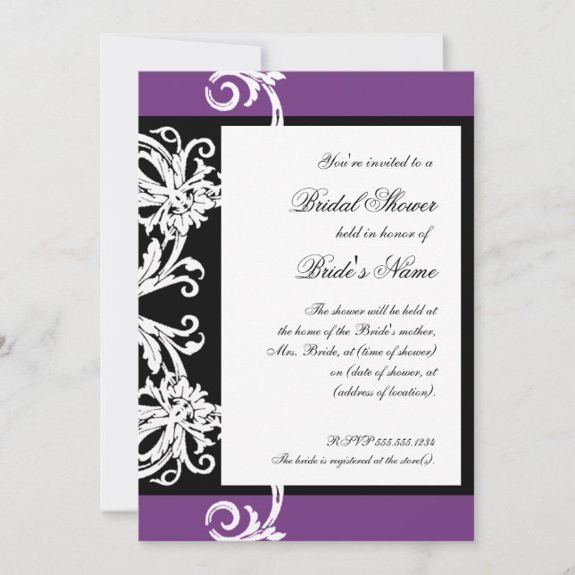 Bridal Shower Invite Black White Purple Damask (Front)