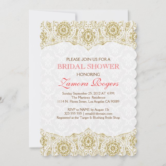 Bridal Shower Invite Gold Lace White Damasks (Front)