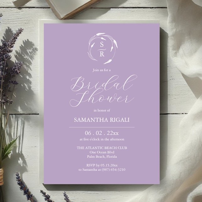 Bridal Shower Invites Purple Monogram (Bridal shower invitations lavender line art by Victoria Grigaliunas of Do Tell A Belle)