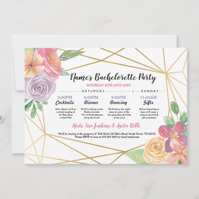 Bridal Shower Itinerary Bachelorette Gold Frame Invitation (Front)