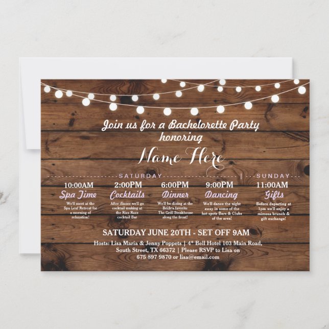 Bridal Shower Itinerary Bachelorette Rustic Lights Invitation (Front)