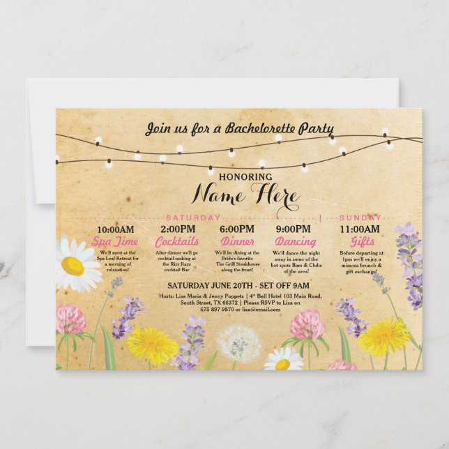 Bridal Shower Itinerary Bachelorette Wild Flowers Invitation (Front)
