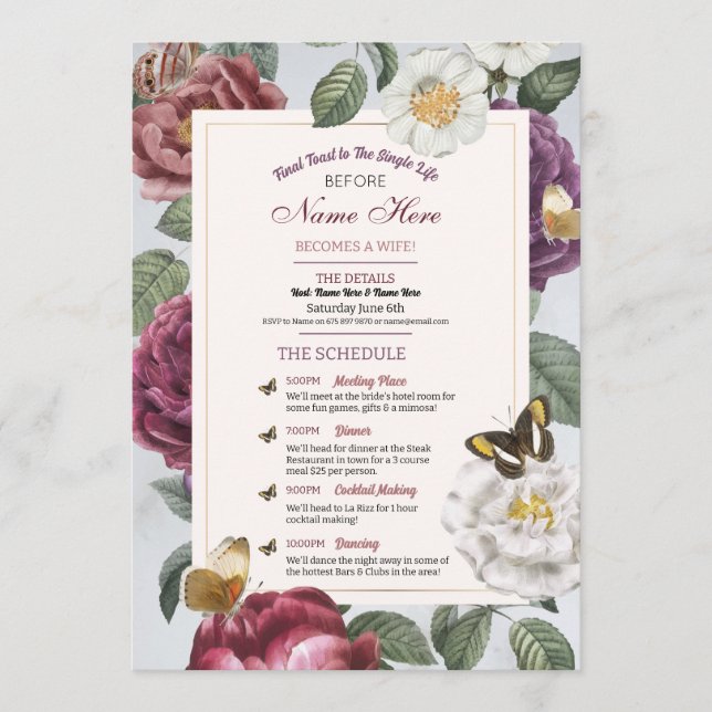 Bridal Shower Itinerary Bloom Floral Butterfly Programme (Front)
