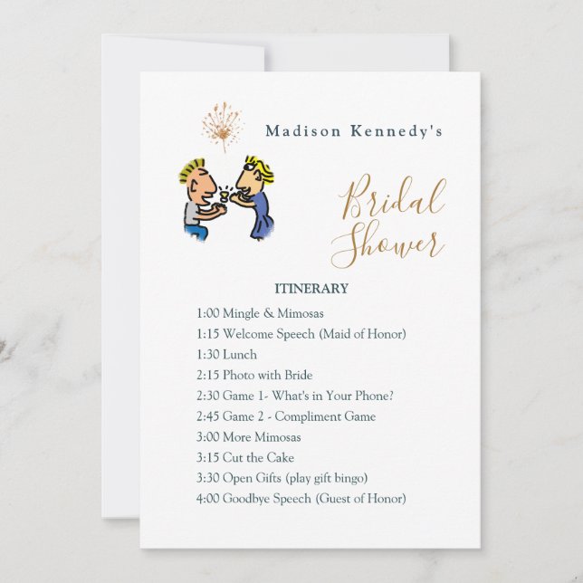 Bridal Shower Itinerary Plan Cute Couple Cartoon Invitation (Front)