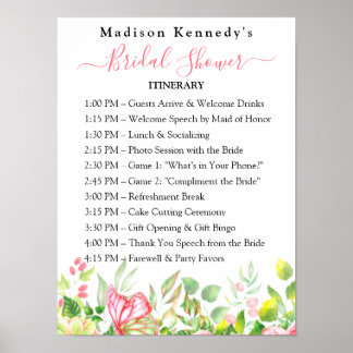 Bridal Shower Itinerary 🎀 Watercolor Floral Plan  Poster