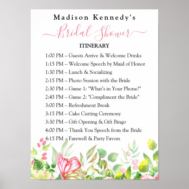 Bridal Shower Itinerary 🎀 Watercolor Floral Plan  Poster (Front)
