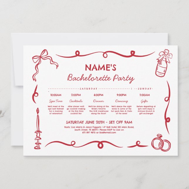 Bridal Shower Itinerary Whimsical Hand Drawn Invitation (Front)