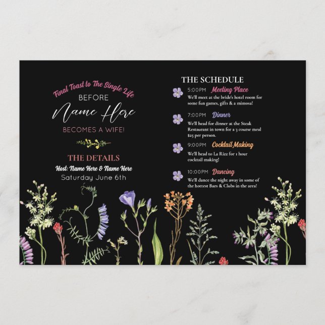 Bridal Shower Itinerary Wildflowers Floral Dark Programme (Front)