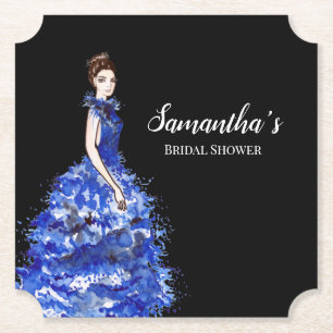 Bridal Shower Lady with Sparkly Blue Gown Fashion Paper Coaster