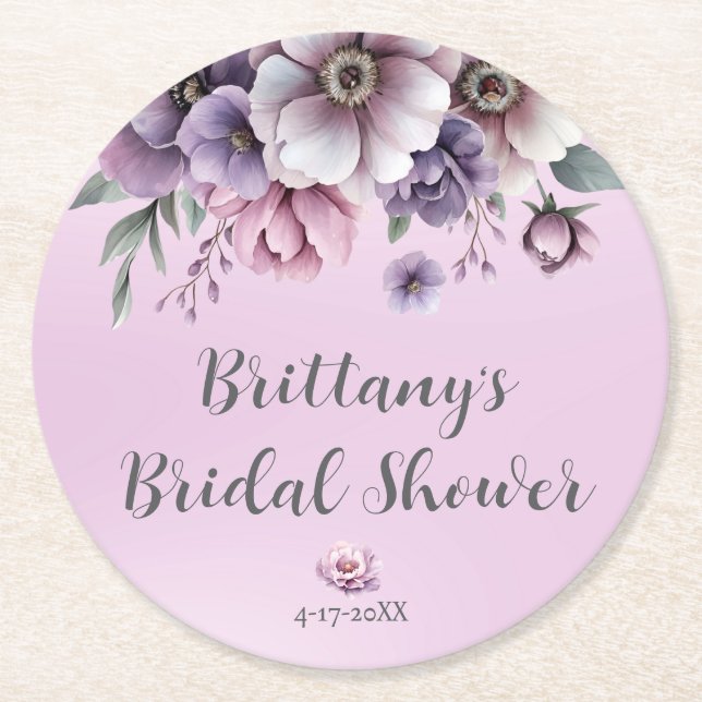 Bridal Shower Lavender Floral Paper Coaster (Front)