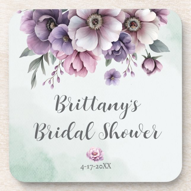 Bridal Shower Lavender & Green Floral Coaster (Front)