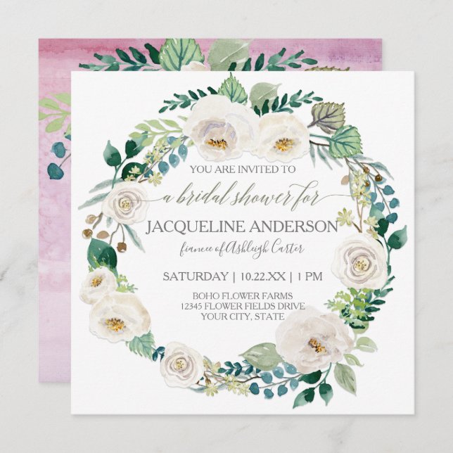 Bridal Shower Lavender White Roses Leaves Wreath Invitation (Front/Back)