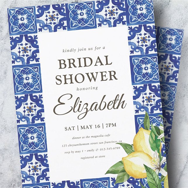 Bridal Shower Lemon Foliage Blue Mediterranean Invitation (Creator Uploaded)