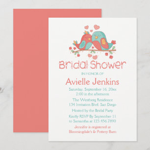 Bridal Shower Lovebirds Pink, Blue Green Turquoise Invitation