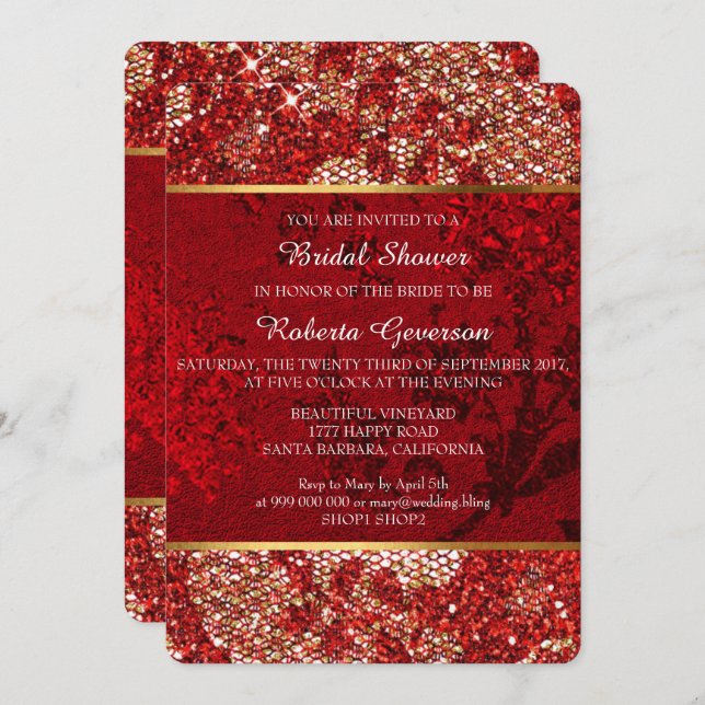 Bridal Shower Luxury Gold Red Lace Sparkly Invitation (Front/Back)