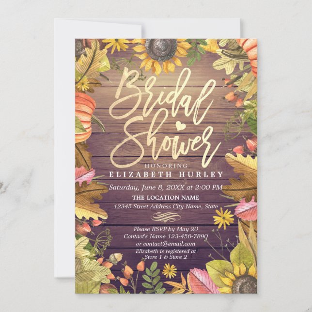 Bridal Shower Maple Leaves Pumpkins Sunflower Wood Invitation (Front)