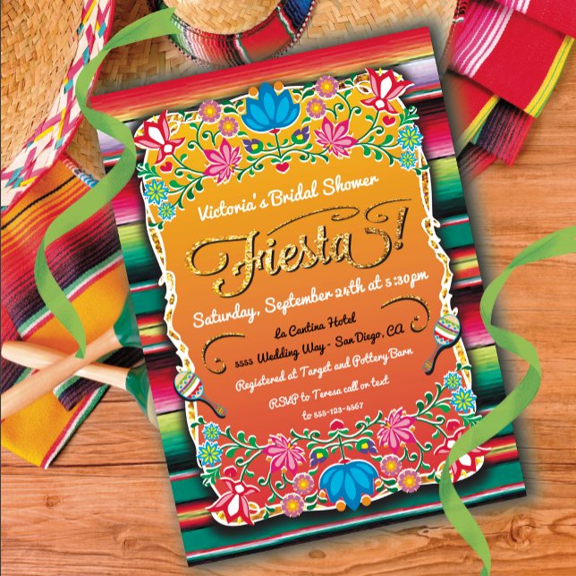 Bridal Shower Mexican Fiesta Party Gold Glitter Invitation (Creator Uploaded)