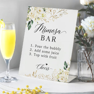 Bridal Shower Mimosa Bar White Green Floral Table Pedestal Sign