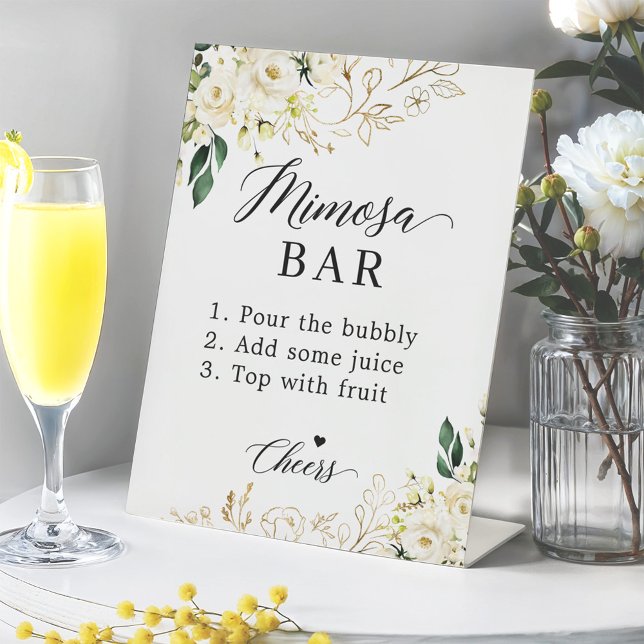 Bridal Shower Mimosa Bar White Green Floral Table Pedestal Sign (Creator Uploaded)