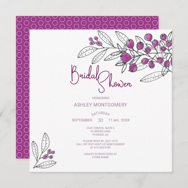 Bridal Shower Minimalist Purple Berries Leaves Invitation (Front/Back)