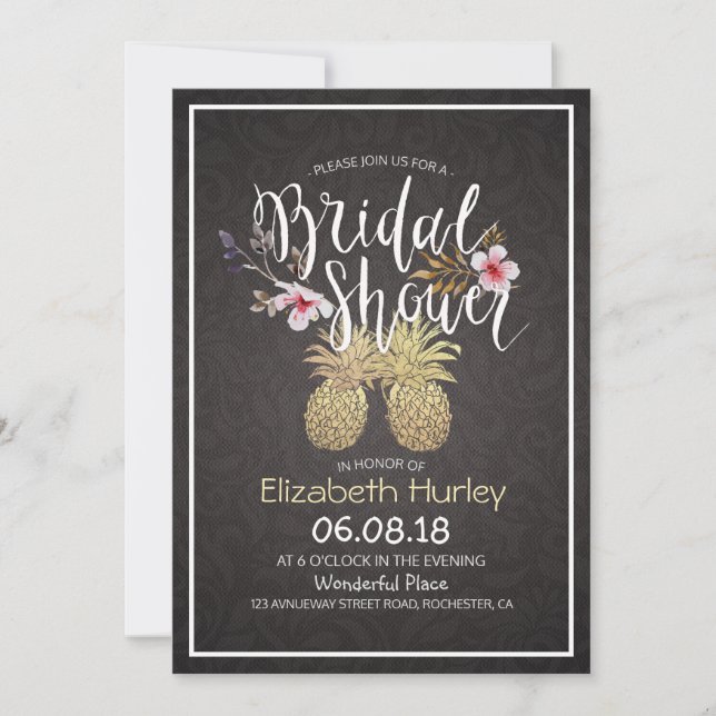 Bridal Shower Modern Black & Gold Pineapple Couple Invitation (Front)