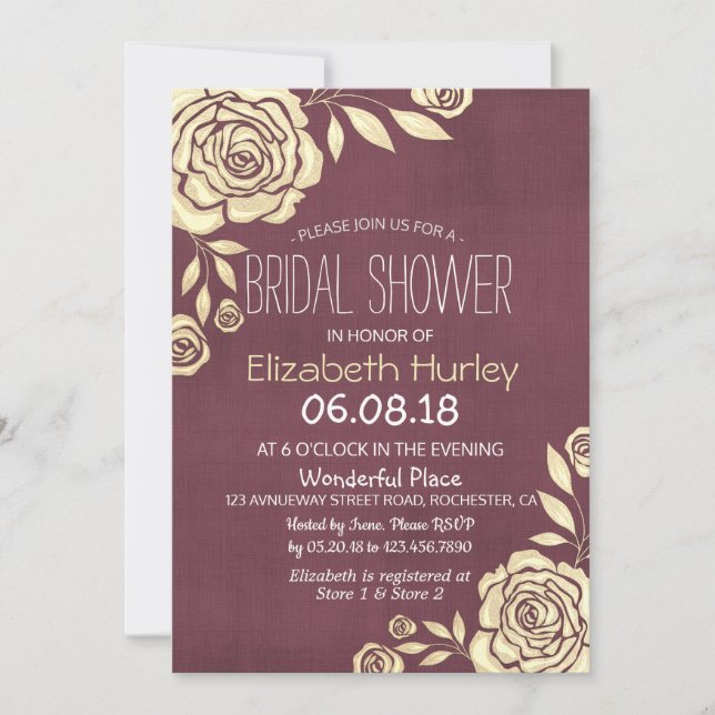 Bridal Shower Modern Chic Golden Rose Burgundy Red Invitation (Front)