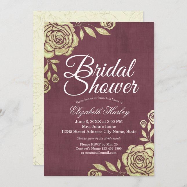 Bridal Shower Modern Chic Golden Rose Burgundy Red Invitation (Front/Back)