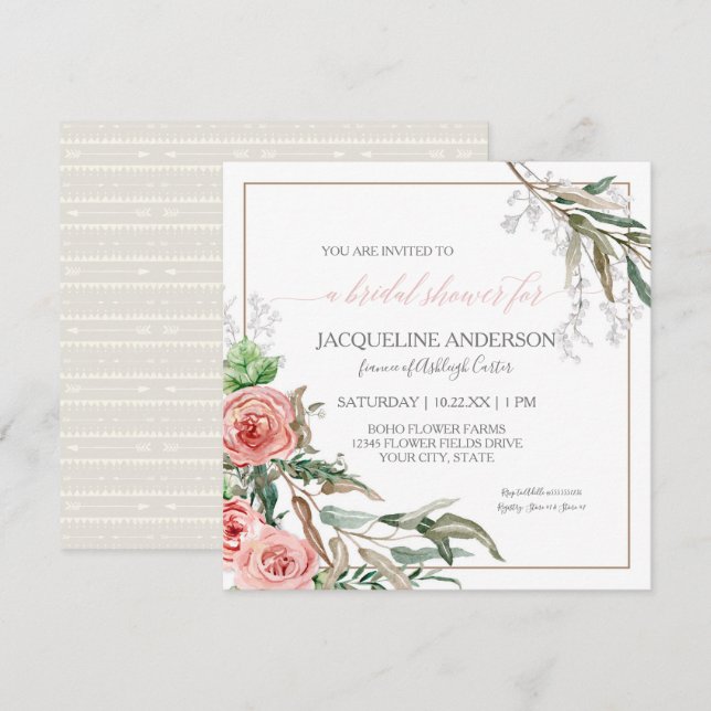 Bridal Shower Modern Floral BOHO Arrows Watercolor Invitation (Front/Back)
