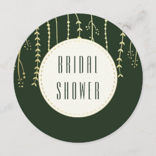 Bridal Shower   Modern Golden Fronds on Dark Green Invitation