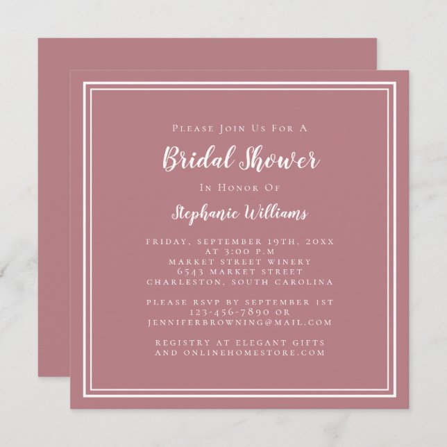 Bridal Shower Modern Square Chic Dusty Rose Pink Invitation (Front/Back)