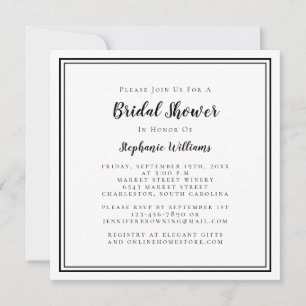 Bridal Shower Modern Square Elegant Black & White Invitation