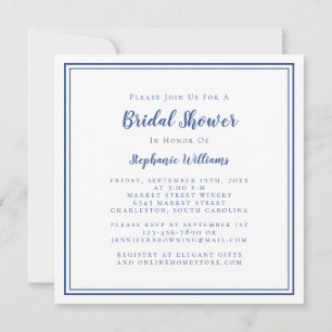 Bridal Shower Modern Square Elegant Classic Blue Invitation