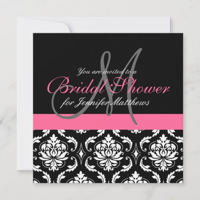 Bridal Shower Monogram Damask Invitations Pink (Front)