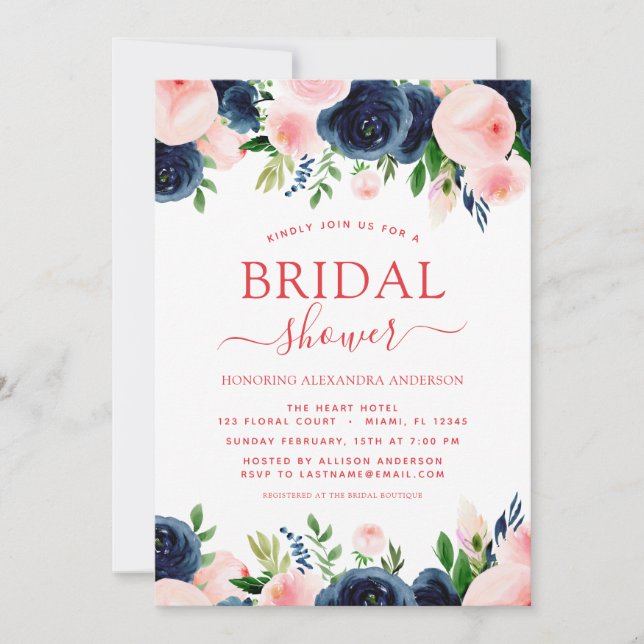 Bridal Shower Navy Blue Blush Pink Floral Invitation (Front)